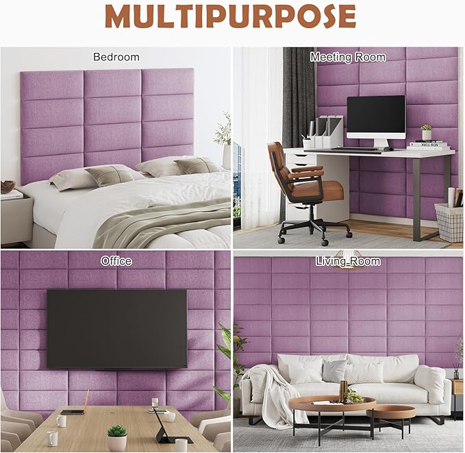 IFNOW Upholstered Wall Mounted Headboard, 3D Soundproof Wall Panels Peel and Stick for Queen Size, Reusable and Removable Tufted Bed Headboard in Violet (9 Panels, 10" x 24")