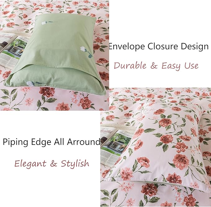 FADFAY Duvet Cover Set Queen Rose Floral Bedding Shabby Pink Hydrangea Flower Comforter Cover Set Vintage Farmhouse Bedding 100% Cotton Soft Quilt Cover with Hidden Zipper Closure 3Pcs, Queen Size