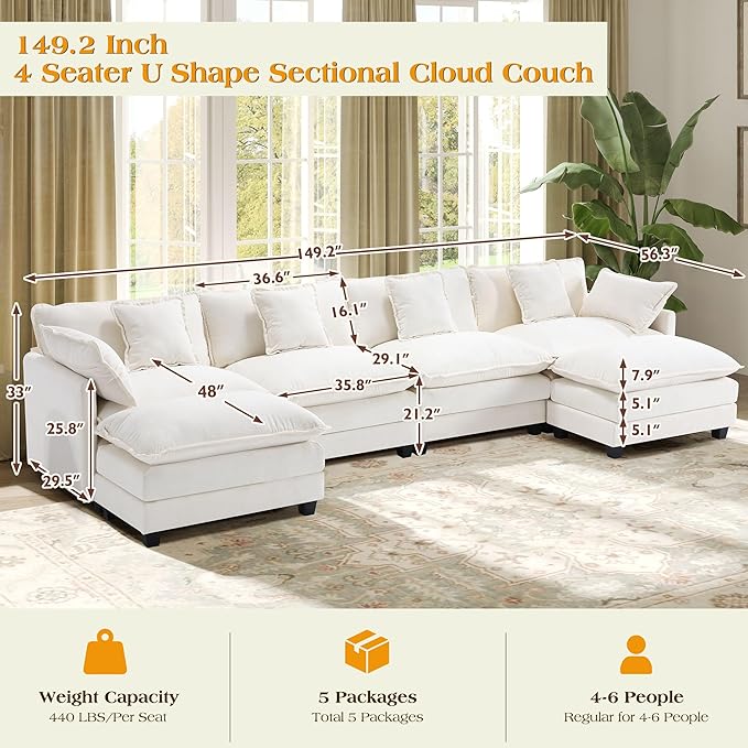 149.2" Modular Sectional Sofa,U Shaped Couch for Living Room,Modern Deep Seat Sofa 3 Seater Chenille Fabric Comfy Cloud Couches with Throw Pillows & Movable Ottoman