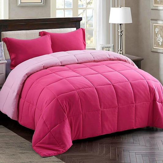 HIG 3pc Pink Twin/Twin XL Comforter Set - All Season Reversible Down Alternative Bedding Comforter - Quilted Duvet Insert with Corner Tabs - Box Stitched Blanket - Breathable, Soft, Fluffy