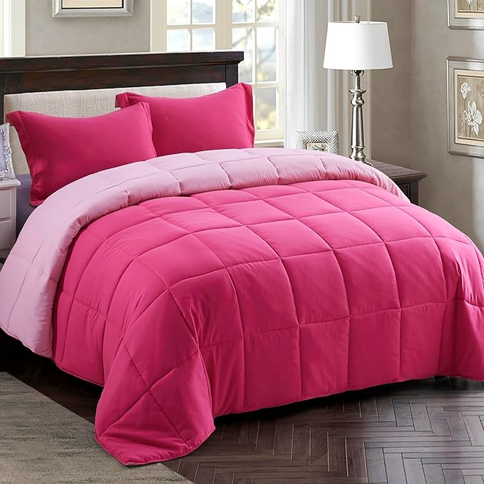 HIG 3pc Pink King Comforter Set Duvet Insert, Reversible, All Season, Box Stitched, with Corner Tabs, Soft, Fluffy