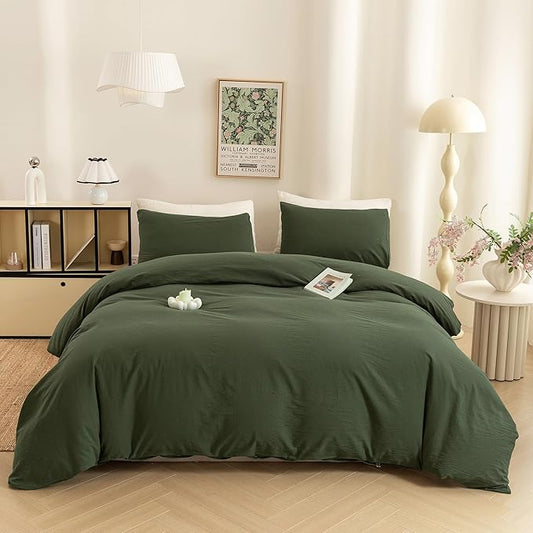 ECOCOTT 3 Pieces Duvet Cover Set Twin Size 100% Washed Cotton 1 Duvet Cover with Zipper and 2 Pillowcases, Ultra Soft and Easy Care Breathable Cozy Simple Style Bedding Set (Avocado Green)