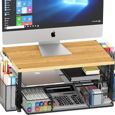 OPNICE Desk Organizers and Accessories, 2-Tier Computer Monitor Stand with Drawer and 2 Pen Holders, Laptop Stand, Office Desk Accessories for Office Supplies, Oak