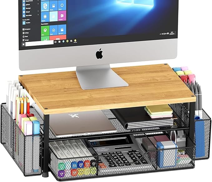 OPNICE Desk Organizers and Accessories, 2-Tier Computer Monitor Stand with Drawer and 2 Pen Holders, Laptop Stand, Office Desk Accessories for Office Supplies, Oak