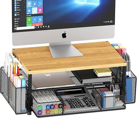 OPNICE Desk Organizers and Accessories, 2-Tier Computer Monitor Stand with Drawer and 2 Pen Holders, Laptop Stand, Office Desk Accessories for Office Supplies, Oak