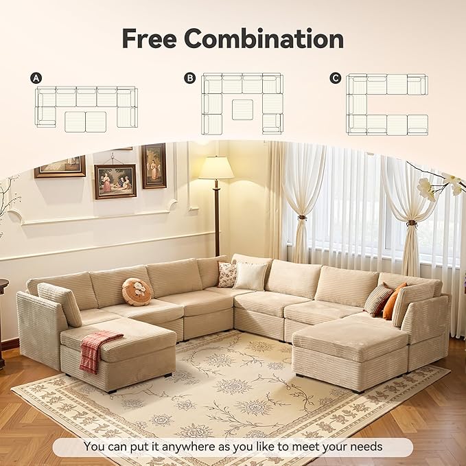 Large 9 Seat Modular Sectional Sofa with Ottoman Seat Corduroy Sleeper Sectional Sofa Bed Oversized Convertible Modular Couch for Living Room