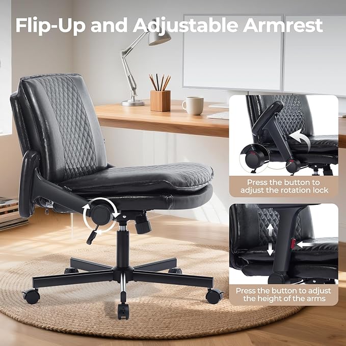 Criss Cross Chair with Flip-Up Arms and Lockable Wheels, Leather Cross Legged Office Desk Chair,Wider 125°Tilting Adjustable Swivel Computer Chair for Home, Apartment, Bedroom,Black 1