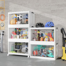 OlarHike 97QT Stackable Storage Bins with Lids - Folding Storage Box with Doors and Wheels, Collapsible Plastic Storage Drawers for Closets, 5 Pack Cubes