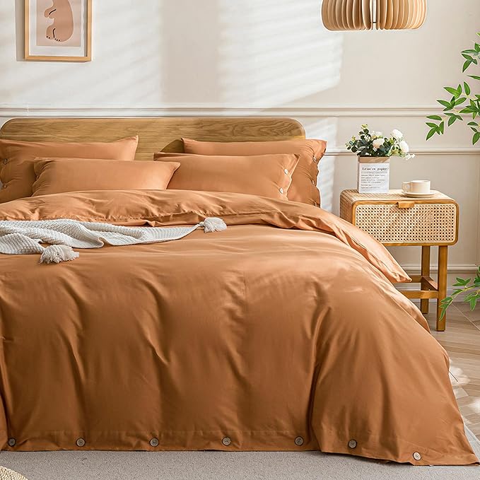 JELLYMONI Cotton Duvet Cover Cal King Size - Burnt Orange Comforter Cover with Button 100% Washed Cotton 3PCS Breathable Soft Solid Bedding Set Duvet Cover 104×98in & 2 Pillowcases (NO Comforter)