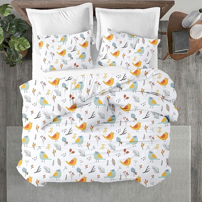 Kotton Culture 3 Pc Twin Size Duvet Cover Set- 100% Egyptian Cotton Sateen 600 TC Ultra Soft Premium Durable Comforter Cover Zipper Closure & Corner Ties (Forest Birds, Twin/Twin XL 68" X 90")