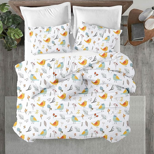 Kotton Culture 3 Pc Queen Size Duvet Cover Set- 100% Egyptian Cotton Sateen 600 Thread Count Ultra Soft Premium Durable Comforter Cover Zipper Closure & Corner Ties (Forest Birds,Queen/Full 90" X 90")