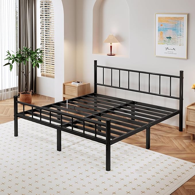 zizin Queen Size Metal Bed Frame with Headboard & Footboard 14 Inch Metal Platform Mattress Foundation Support with Steel Slat, Under Bed Storage, No Box Spring Needed