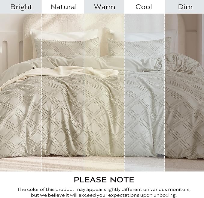 JELLYMONI Duvet Cover Twin Size Light Khaki - 3PCS Boho Duvet Cover Set Plaid Polyester Tufted Bohemian Jacquard Knit Textured Comforter Cover 68×90in Rhombic Geometric Pattern Corner Ties & Zipper