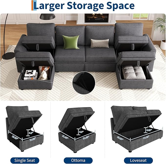 GarveeHome Sectional Sleeper Sofa with Pull Out Bed, Corduroy Modular Sectional 6 Seat Couch with Pull Out Couch and Storage Seat & 2 Ottomans, Convertible Couches for Living Room