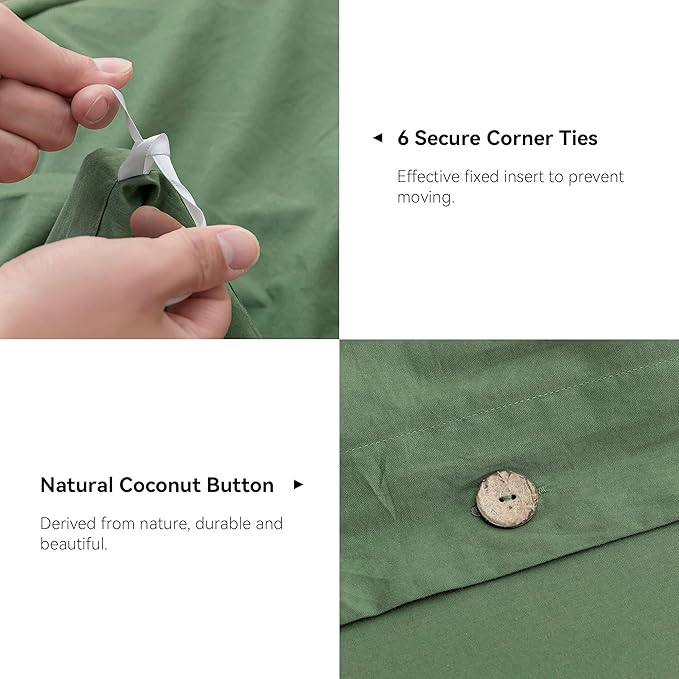 JELLYMONI Cotton Duvet Cover Full Size - Green Comforter Cover with Button 100% Washed Cotton 3PCS Breathable Soft Solid Bedding Set Duvet Cover 80×90in & 2 Pillowcases (NO Comforter)