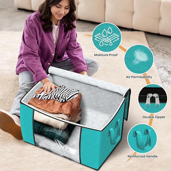 Fab totes 24 Gallons Clothes Storage, Foldable Thick Fabric Blanket Storage Bags, Containers for Organizing Bedroom, Closet, Clothing, Comforter, Organization with Handle (3 Pack,Green)