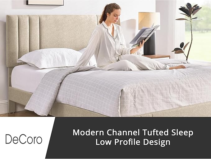 Decoro Chicago Modern Tufted Upholstered Platform Full Size Bed Frame, Linen