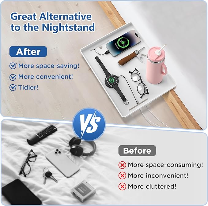 Bedside Shelf for Dorm Bunk Bed, Clip On Nightstand, Bed Side Table Tray Organizer, College Dorm Room Essentials for Girls/Guys, with Cable Management for Dormitory, Back to School (White)