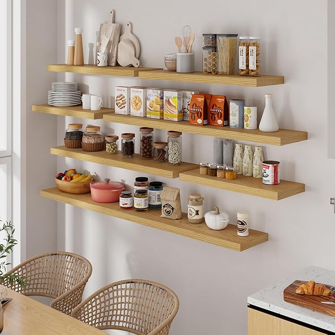 Fun Memories 72 Inch Floating Shelves for Wall, 72x9.3 Large Floating Shelf for Bedroom, Kitchen, Bathroom, Wall Mounted Rustic Wood Shelves with Invisible Bracket for Books, Decor, Oak