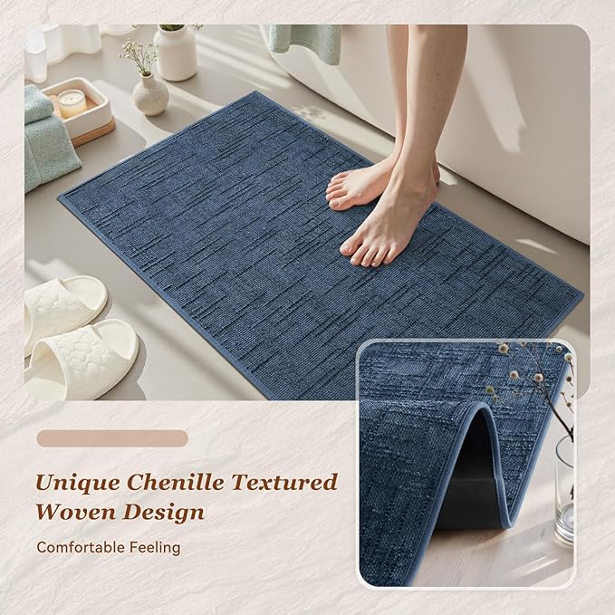 AMOAMI Bath Mat Non Slip Super Absorbent Quick Dry Bath Mats for Bathroom Floor Rubber Backing Washable Bathroom Rugs Modern Woven Jacquard Mat, Beside Tub Bath Rugs, 24" x 36", Blue