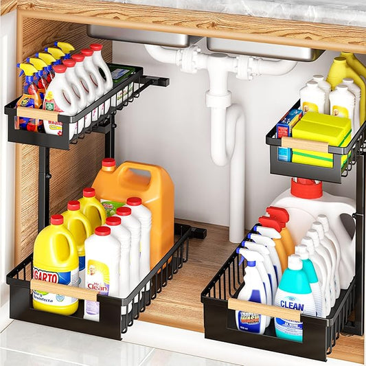 Under Sink Organizer 2-Pack Pull out Cabinet Organizer 2 Tier Metal Shelf Undersink Rack for Kitchen Bathroom Pantry Cabinet Organization and Storage, Black