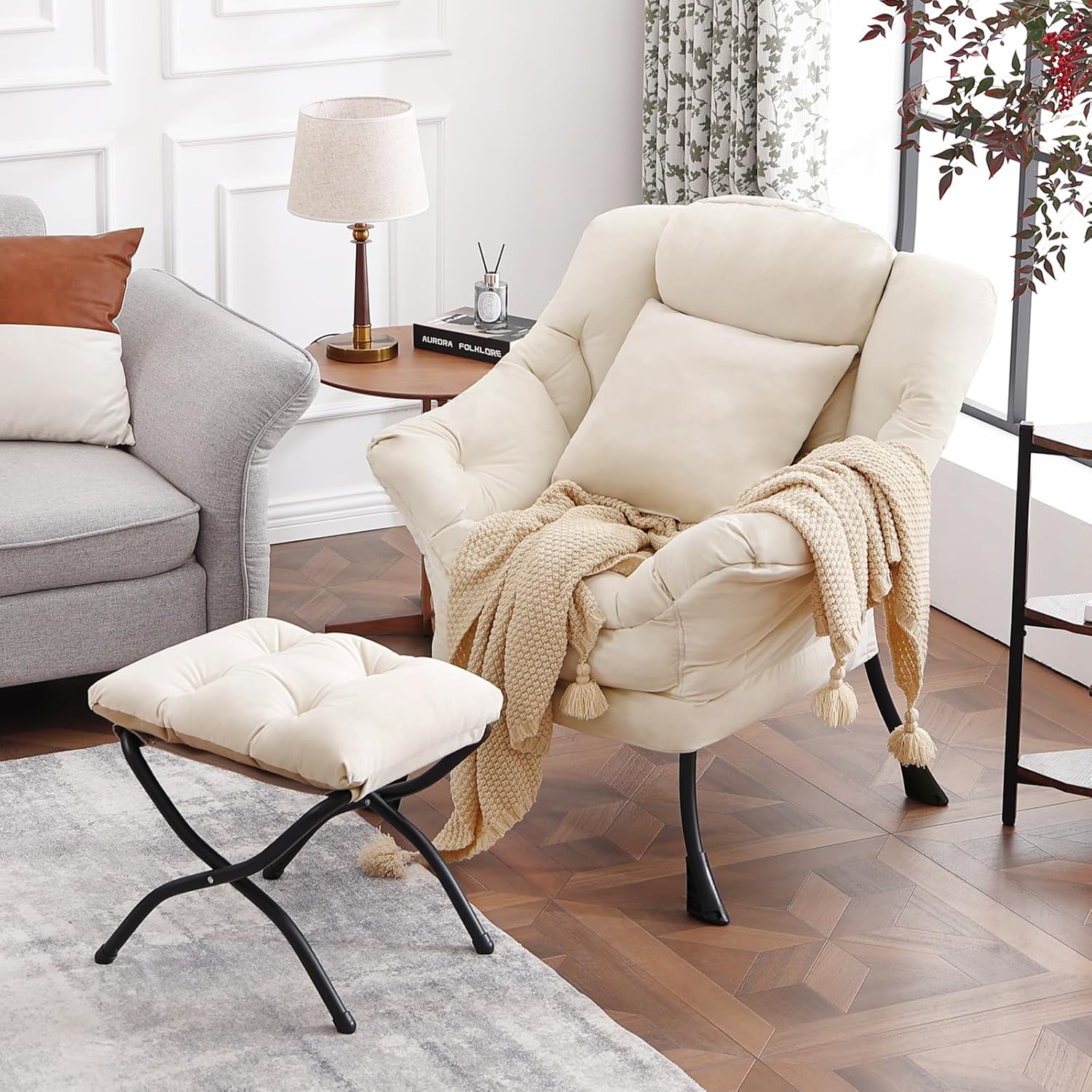 Lazy Chair with Ottoman, Large Pink Accent Chair with Ottoman and FA Throw Pillow, Comfy Plush Reading Chair for Living Room Bedroom Dorm Room Office Apartment Relaxing Use Dormly