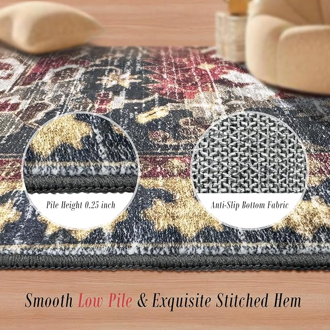 RUGSURE Washable Area Rugs - Perfect for Living Room, Bedroom, Kids Room, Nursery - Stain & Water Resistant Non-Slip, Pet & Child Friendly, Vintage Tribal Area Rugs (Rust, 3' x 5 ')