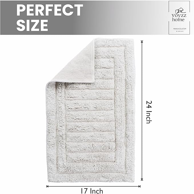 voyzz home Luxurious 100% Cotton Bath Rug Mat - Featuring Ultra-Soft Plushness, Non-Slip Design, Super Water Absorbent and Machine Washable Mats for Bath Floor, Tub and Shower, 17"x24" Striped Grey