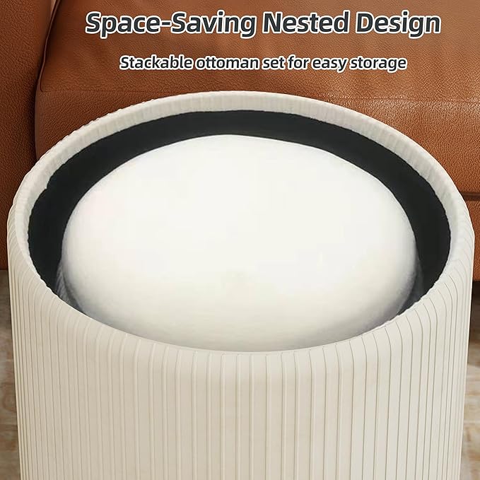 Twira Round Ottoman with Storage Set of 2, Velvet Nesting Ottoman for Living Room,Bedroom,Dorm,RV, Flip-up Lid Coffee Table, Upholstered Makeup Vanity Stool,Multifunctional Foot Rest 330lbs Load Beige