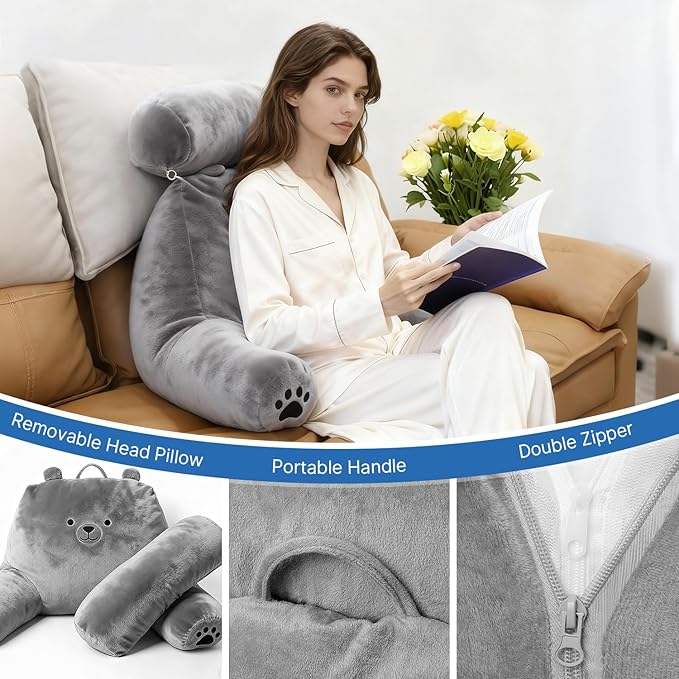 Reading Pillow Plus, Crystal Velvet Back Pillow Bed Sitting Up for Adult & Children, Back Rest Pillow Support for Reading & Rest Bed, Add Height and Removable Pillows Design, for Xmas Gift, Grey