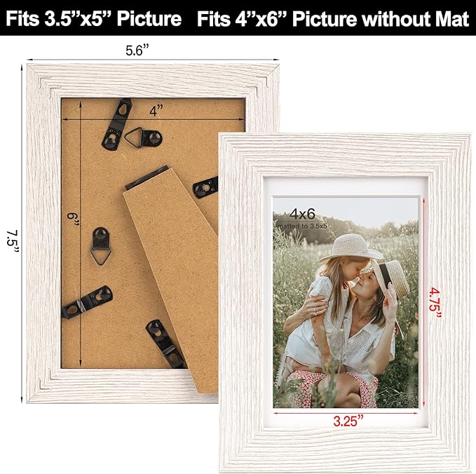 4x6 Picture Frame with Mat for 3.5x5, Rustic White Wood Grain Gallery Wall Picture Frames for Tabletop or Wall Mounting(4 Pack, White)