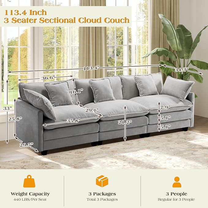 113.4" Modular Sectional Sofa,Cloud Couch for Living Room, Modern Deep Seat Sofa 3 Seater Chenille Fabric Comfy Couches with Throw Pillows for Apartment