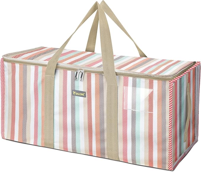 BALEINE Extra Large Storage Tote with Zippers & Carrying Handles, Heavy-Duty Oxford Fabric Moving Bags for Laundry, Space Saving, Storage, Color Stripe