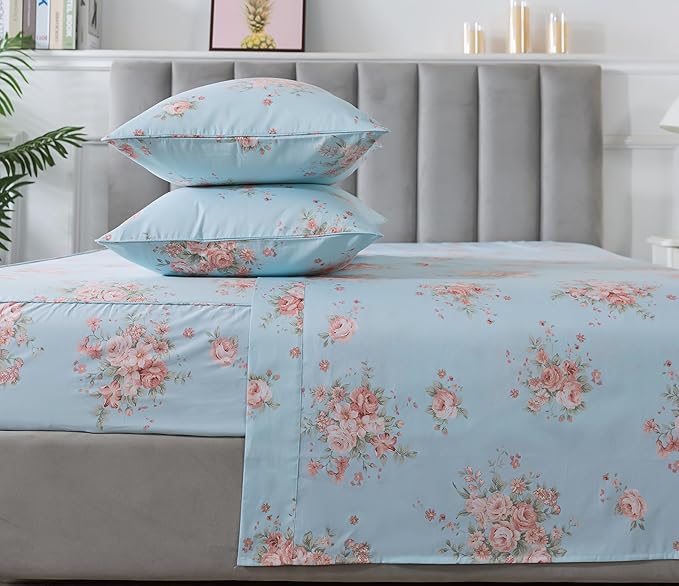 FADFAY Sheets Set King Blue Rose Floral Bedding Rustic Peony Flower Bed Sheet Set Vintage Farmhouse Bedding 100% Cotton Ultra Soft Breathable Beddings with Deep Pocket Fitted Sheet 4Pcs, King Size