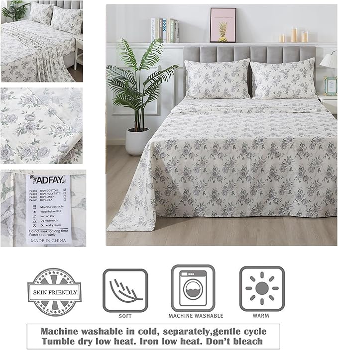 FADFAY Rose Sheets Set Twin Rustic Peony Floral Bedding Botanical Leaves Sheets Vintage Farmhouse Bedding 100% Cotton Ultra Soft Breathable Collection with Deep Pocket Fitted Sheet 4Pcs, Twin Size