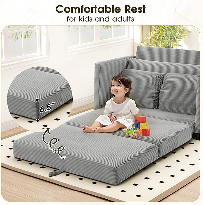51" Convertible Loveseat Sofa Bed, 2-in-1 Folding Sofa Bed with 2 Pillow for Small Spaces, Modern Loveseat Sleeper Couch for Apartment, Living Room & Guest Room (Light Grey Corduroy, 51 inch)