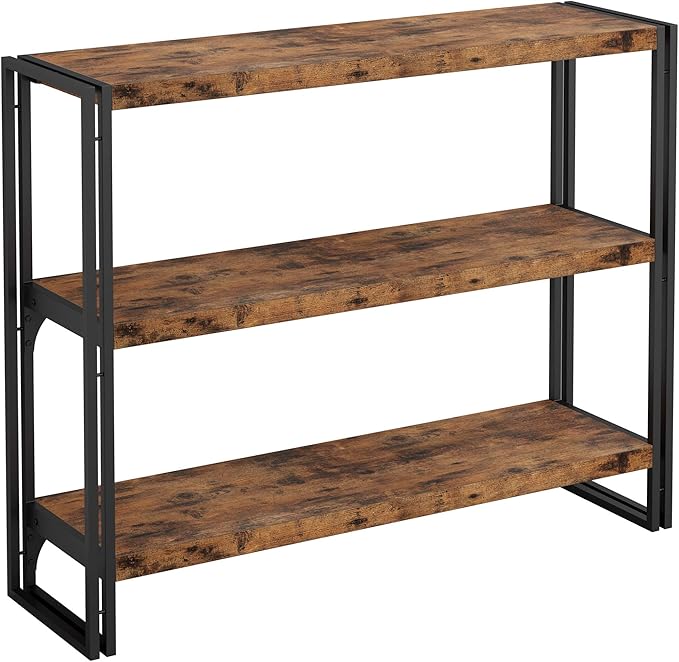 IRONCK Bookshelf Industrial 3 Shelf Bookcase, Wood Storage Shelf with Metal Frame for Living Room, Vintage Brown