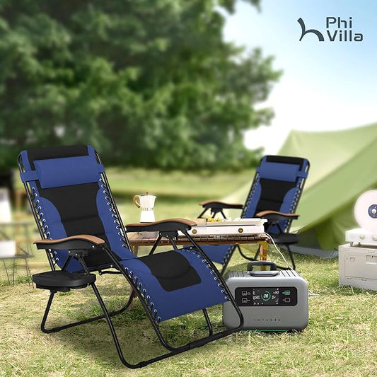PHI VILLA XXL Oversized Padded Zero Gravity Chair Set of 2, Foldable Patio Recliner, 30" Wide Seat Anti Gravity Lounger with Armrest and Cup Holder, Support 400 LBS (Navy Blue)