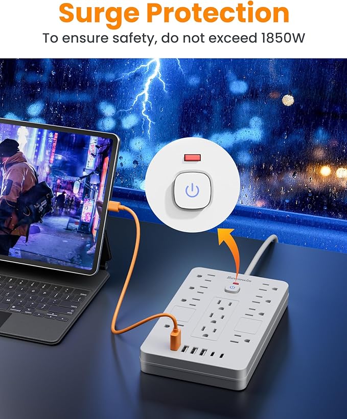 Surge Protector Power Strip - 11 Outlets(1850W/15A) with 6 USB Ports(2 USB C), 10FT Flat Plug Extension Cord, Wall Mount, White, ETL Listed for Home, Dorm Room