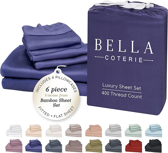 Bella Coterie 6 Piece Luxury Bamboo Viscose King Size Sheet Set | 100% Organically Grown | Cooling for Hot Sleepers | 18" Deep Pocket | Soft & Hypoallergenic | 4 Pillowcases [Twilight Blue] BC