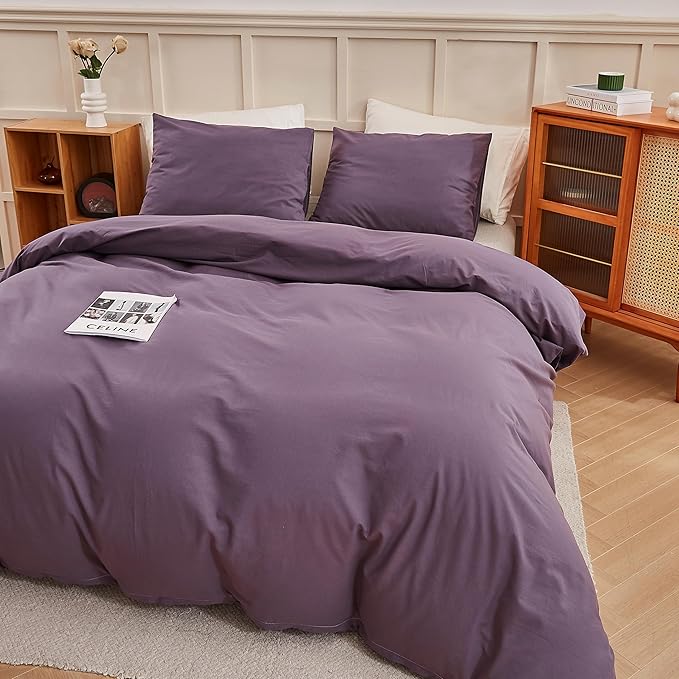 ECOCOTT Purple Duvet Cover Super King Size - 100% Washed Cotton Durable Soft Comfy Duvet Cover Set, 3 Pieces Duvet Cover with Zipper Closure (108''x98'')
