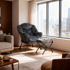 HollyHOME Lazy Chair with Foldable Ottoman, Accent Comfy Lounge Armchair and Folding Footrest Stool, Leisure Sofa Reading Chair and Footstool for Living Room, Bedroom, Dorm,Faux Fur Navy Blue