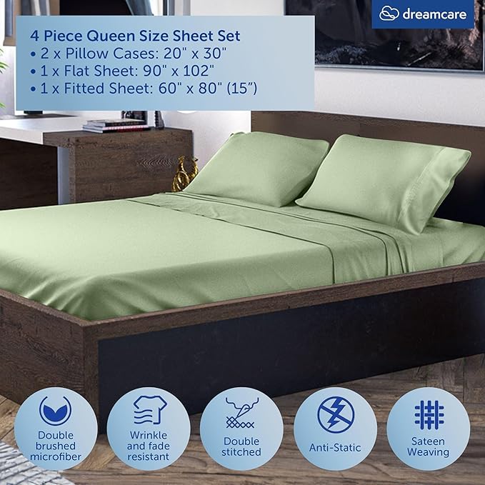 DREAMCARE Queen Size Sheets - Cooling Bed Sheets - 4pcs Set - up to 15" Deep Pocket Queen Sheet Set - Sheets Queen Size Bed - Soft & Long Lasting 100% Fine Microfiber with Side Pocket - Sage Green DREAMCARE