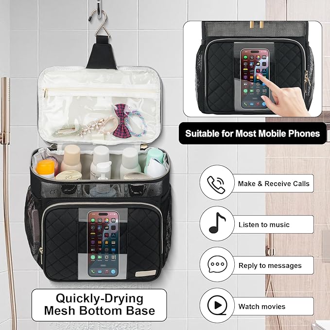 Portable Shower Caddy College, Quickly Dry Tolietry Mesh Tote Bag for Dorm Room Essentials, Hanging Bathroom Organizer Bag for Travel, Gym, Camping (Black)