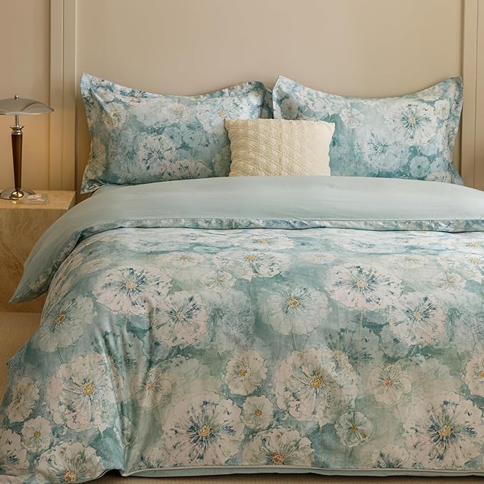 HeimenAogo Egyptian Cotton Duvet Cover California King Sateen Weave, Silky Soft Duvet Cover with Zipper Closure, Long Staple Cotton Comforter Cover Watercolor Floral 3 Pcs