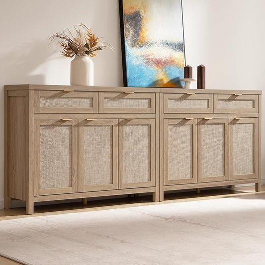 SICOTAS Rattan Sideboard Buffet Cabinet with Storage, Boho Credenza Accent Cabinet with 3 Doors and 2 Drawers, Farmhouse Console Coffee Bar for Kitchen Living Room Entryway, Light Oak, 2 PCS