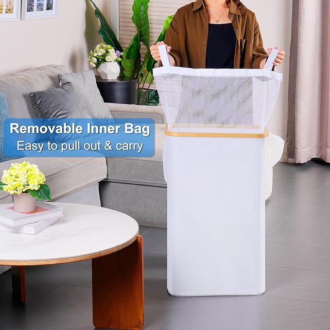 efluky Slim Laundry Basket with Lid, Narrow Laundry Hamper with Removable Bag, Skinny Dirty Clothes Basket with Bamboo Handles for Bathroom, Bedroom & Laundry Room, 75L White