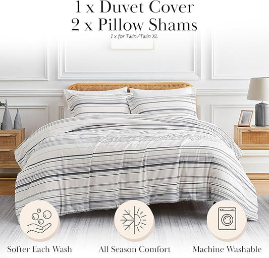 Southshore Fine Living, Inc. Oversized Striped Duvet Cover Queen Size/Full Size Set, Pet Hair Resistant Queen Duvet Cover Set, Hotel Quality Striped Bedding, 2 Pillow Shams - Coastal Stripe Grey