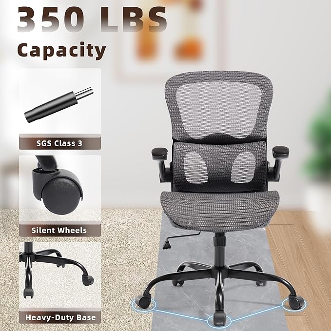 Office Chair, Ergonomic Desk Chair with Adjustable High Back 2D Lumbar Support Flip-up Armrests, Executive Breathable Mesh Comfy Swivel Rolling Computer Task Chair for Home Office Study Work Gaming