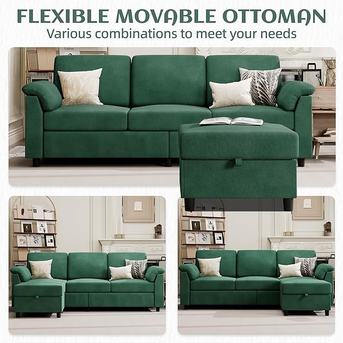 Vongrasig Convertible Sectional Couch, 3 Seat L Shaped Sofa with Removable Pillows Linen Fabric Small Modern Couch Mid Century for Living Room, Apartment and Office, Green